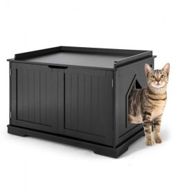 Cat Litter Box Enclosure with Double Doors for Large Cat and Kitty (Color: Black)