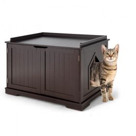 Cat Litter Box Enclosure with Double Doors for Large Cat and Kitty (Color: Brown)